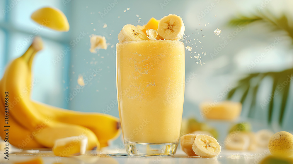Poster refreshing banana smoothie with splashes and fresh bananas around