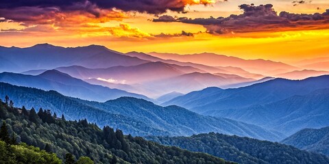 Obraz premium Golden Twilight Over Majestic Peaks Layered Purple Mountains and Silhouetted Forests in a Misty, Hazy Horizon V4