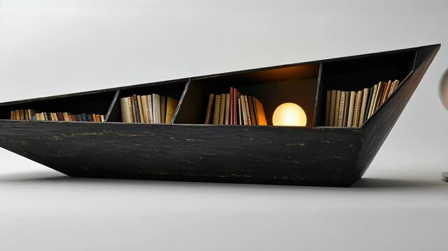 A unique black bookshelf in the shape of a boat, with books on the shelves and a light illuminating the inside
