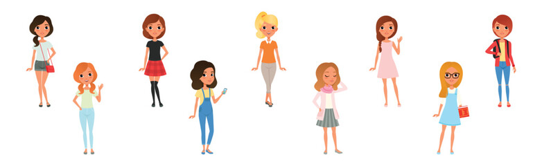 Young Woman Modern Student Character Standing in Casual Fashion Wear Vector Set