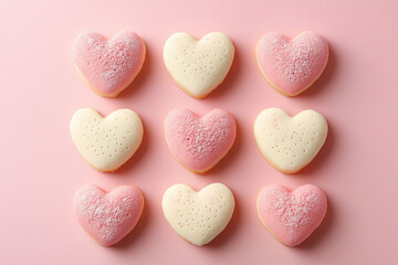 Obraz premium Colorful heart-shaped cookies arranged in a playful pattern on a pastel pink background for a delightful dessert display. Generative AI