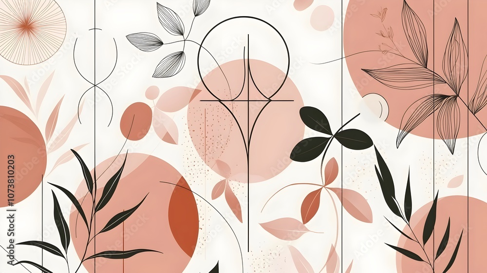 Poster Abstract composition featuring a blend of earthy tones and detailed line art. The design includes shapes of leaves and circular forms, creating a serene mood.