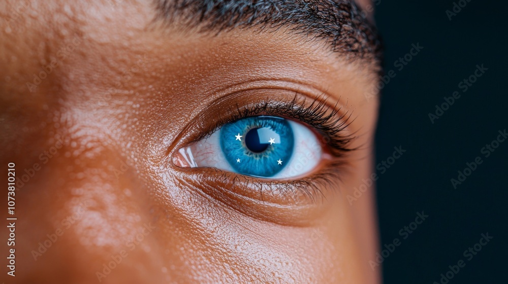 Poster blue eye's iris biometric recognition scanning. futuristic concept: projector identifies person by i