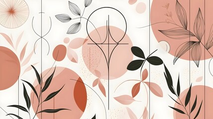 Abstract composition featuring a blend of earthy tones and detailed line art. The design includes shapes of leaves and circular forms, creating a serene mood.