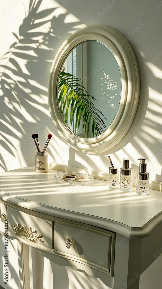 Poster sunlight streams through a window, casting shadows on a white vanity table with a round, ornate mirr