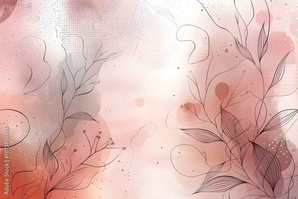 Poster An elegant abstract design featuring delicate line art of leaves and floral elements against a soft gradient background of warm colors, creating a serene and artistic vibe.