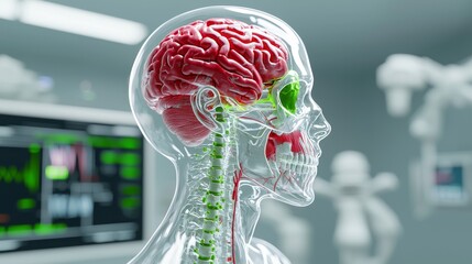 A patient's brain is connected to an electronic chip through hipping.