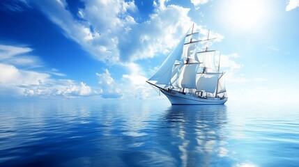 Obraz premium White sailboat sailing on a calm blue sea under a bright sunny sky with white clouds.
