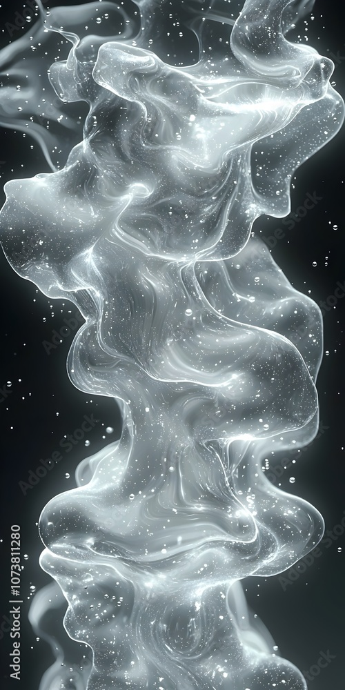 Poster a mesmerizing swirl of translucent, smoke-like fluid, creating an ethereal feel with sparkling parti