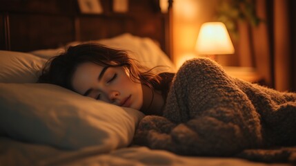 A peaceful image of a woman sleeping on a comfortable bed. She is lying on her side, covered with warm blankets, covered with soft pillows and smooth sheets, giving her the utmost comfort.