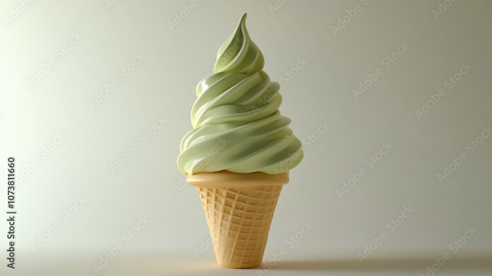 Poster a single serving of lime green soft-serve ice cream in a waffle cone on a white background.