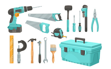 A collection of various tools including a drill, saws, and a toolbox. Vector illustration