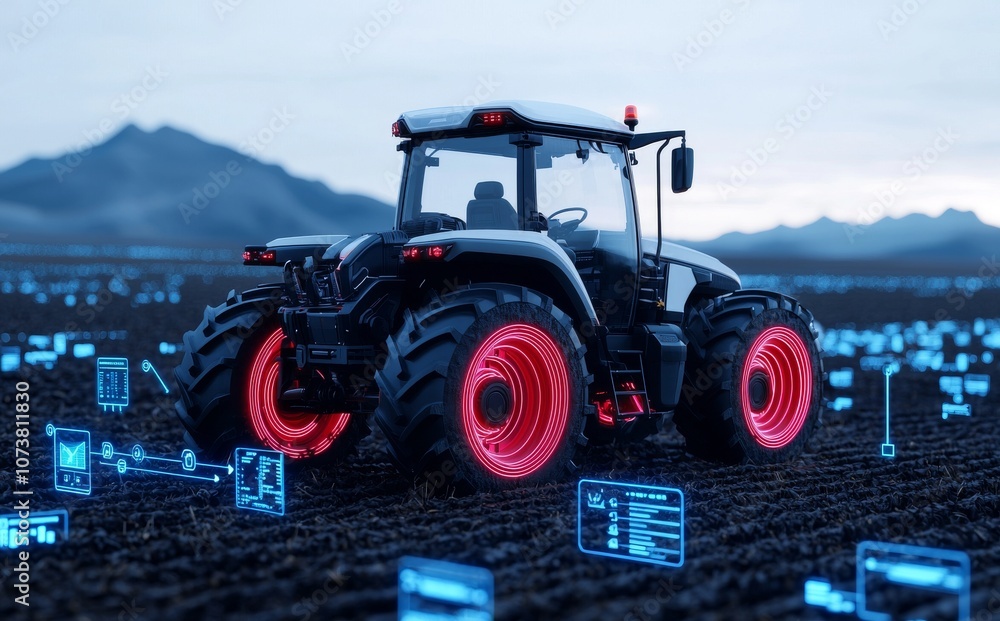 Poster as a result of using a tractor to process soil before planting seeds in agriculture, automation and 