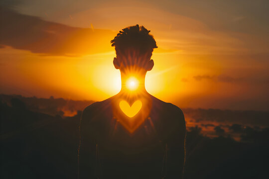 Silhouette of a person with a radiant glow emanating from the heart center, symbolizing spiritual enlightenment