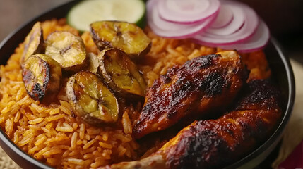 A serving of Jollof Rice from Sierra Leone, rich with tomatoes, onions, and spices, served with fried plantains and grilled chicken in a vibrant setting