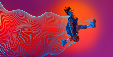 Slam dunk. Young man, basketball player in mid-jump with ball during intense game against gradient background with dynamic abstract lines. Concept of sport, action. Creative banner, ad. Modern art