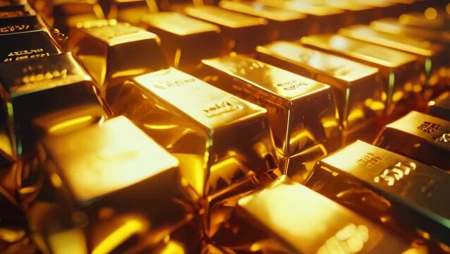 Stacks of gold bars, lot of shiny golden ingots in vault, much money bricks in bank. Concept of luxury blocks, wealth, finance, bullion, trade, background.