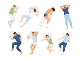 Various men sleeping in different positions on a white background. Vector illustration
