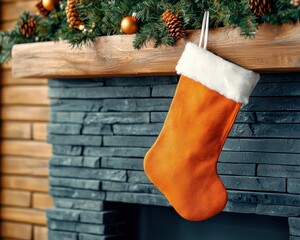 Simple orange Christmas stocking with white fur trim hanging on a stone fireplace, adorned with pine cones and ornaments