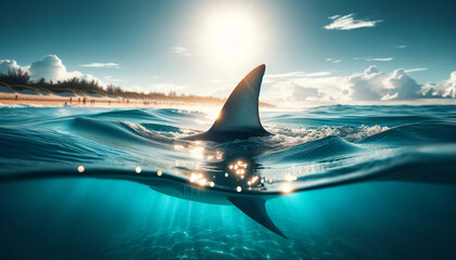 Fototapeta premium The fin of a huge shark on the surface in focus on a sunny day in the ocean near the beach. Danger. Design. Wallpaper. Tourism.