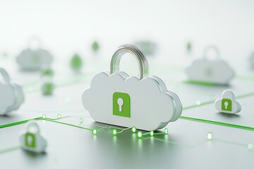Concept of cloud security, data protection, and online storage privacy. Cloud-shaped padlock icons connected by green network lines on a light background.
