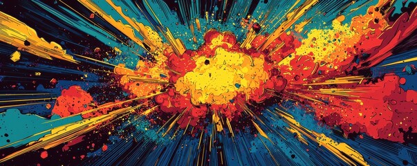 Dynamic comic book explosion panel with vibrant colors and motion