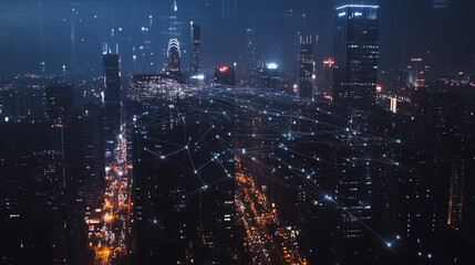 Fototapeta premium Smart digital Innovation city Business skyscrapers in the Financial District with connection network reciprocity over the cityscape. of future smart wireless digital city and social media networking