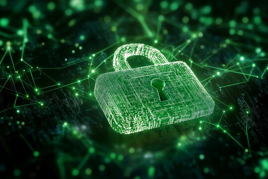 Concept of cybersecurity, data protection, and online privacy. Digital padlock composed of green particles and circuits on a dark background, surrounded by glowing network connections