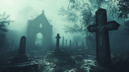 A misty graveyard with a ruined church in the background.