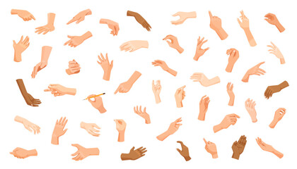 Obraz premium Multiple hands showing gestures and positions on a white background. Vector illustration
