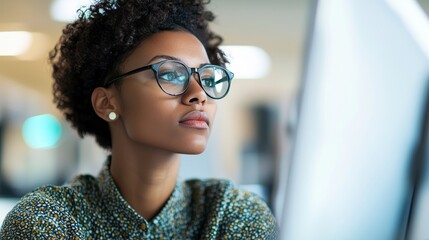 A focused woman with curly hair wearing glasses, contemplating in front of a computer, exemplifying concentration and modern work life.