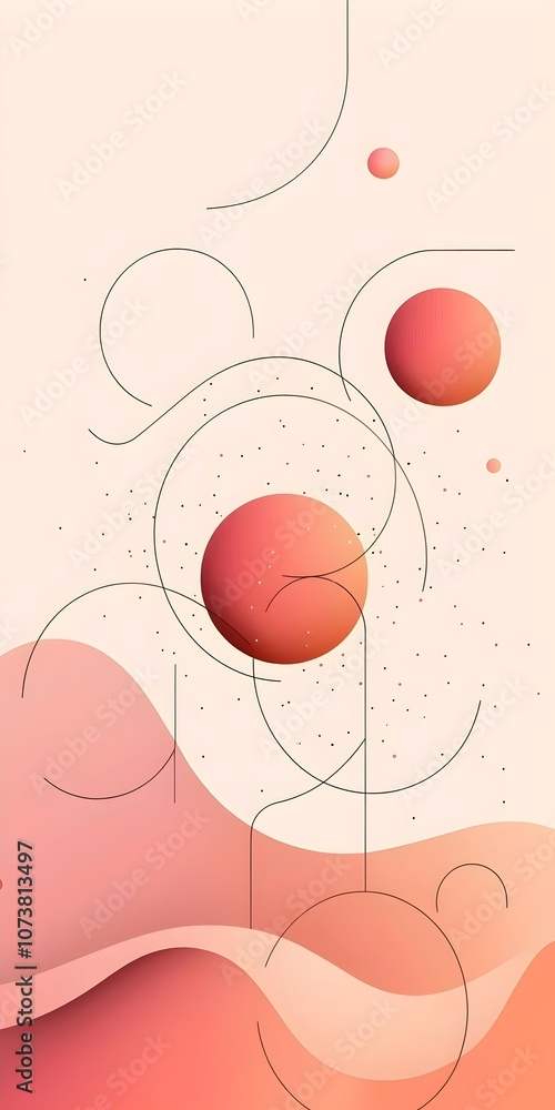 Poster an abstract design featuring soft curves and circular shapes in warm shades of pink and coral, creat
