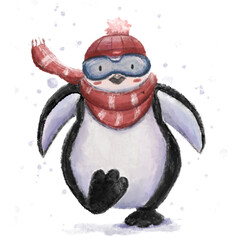 Watercolor winter penguin in a red hat and scarf runs, perfect for prints, posters, printing on clothes and as a design element