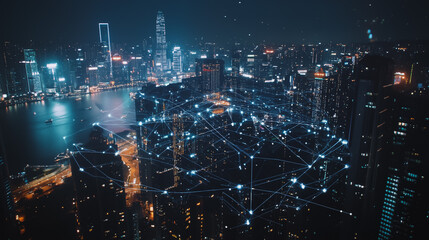 Fototapeta premium mart digital Innovation city Business skyscrapers in the Financial District with connection network reciprocity over the cityscape. of future smart wireless digital city and social media networking