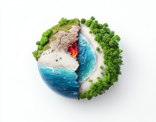 Concept of a green 3D world burning for global warming and climate change. World Earth Day, Environment Day, Ocean Day, and Global Warming Concept.