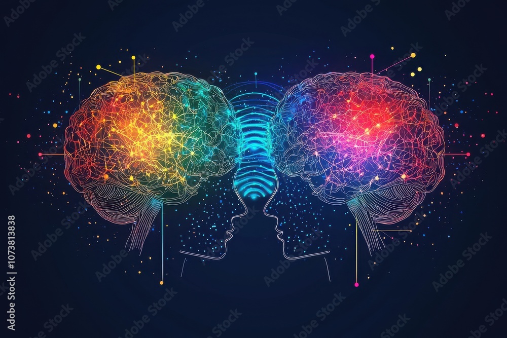 Poster colorful digital representation of two brains connecting and thinking