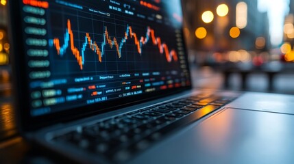 A close-up of a laptop displaying financial graphs with vibrant colors, set against a blurred city backdrop at night.