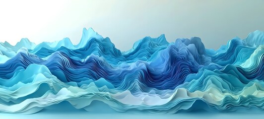 An abstract representation of ocean waves, showcasing intricate layers of varying shades of blue and turquoise, creating a serene and calming atmosphere.