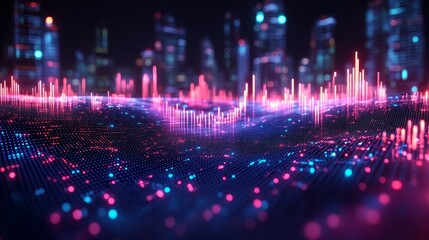 A vibrant, digital landscape featuring a colorful soundwave pattern, illuminated by neon lights against a futuristic city backdrop.