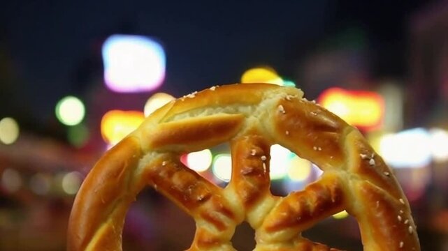 Close-up of soft, golden-brown pretzel with chewy interior and salted exterior against neon city lights, Freshly baked soft pretzel with salted exterior and chewy interior, urban neon light backdrop