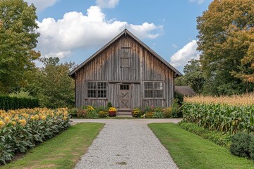Gravel path leading to charming rustic barn surrounded by flowers and cornfield