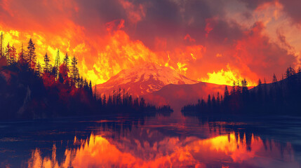 Obraz premium Gorgeous mountains with sunsets, flowers, and trees