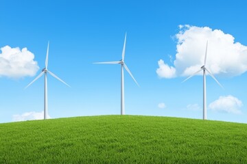 Fototapeta premium A green hill has a sustainable wind farm with modern turbines generating clean energy against a blue sky. Generating AI winds the turbines.