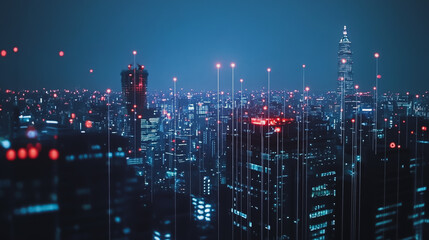 mart digital Innovation city Business skyscrapers in the Financial District with connection network reciprocity over the cityscape. of future smart wireless digital city and social media networking