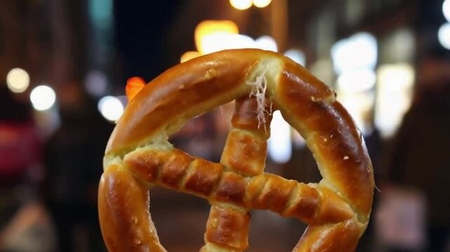 Close-up of New Jersey-Style Soft Pretzels, Hot and Salty, Twisted Shape, Vibrant City Lights Background