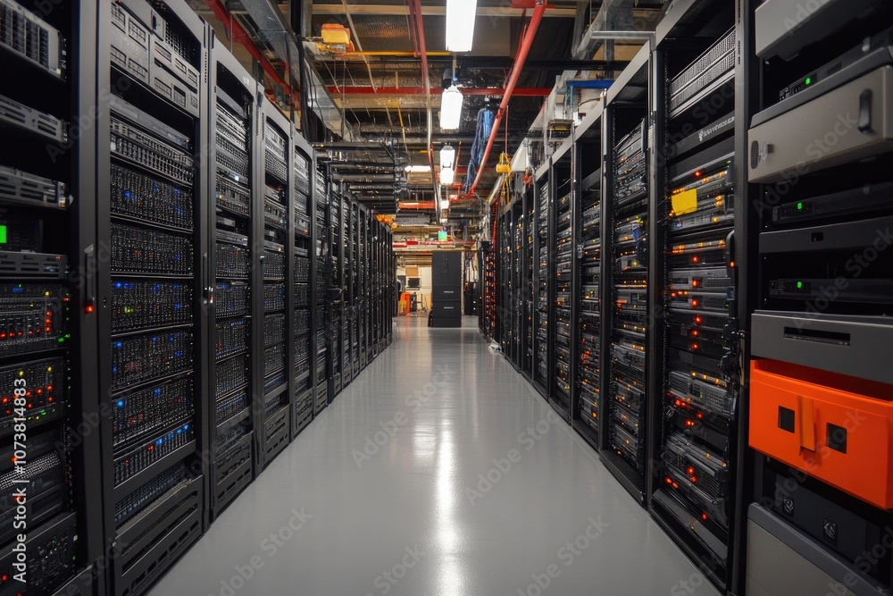 Poster Server room corridor with blinking led lights showing working datacenter