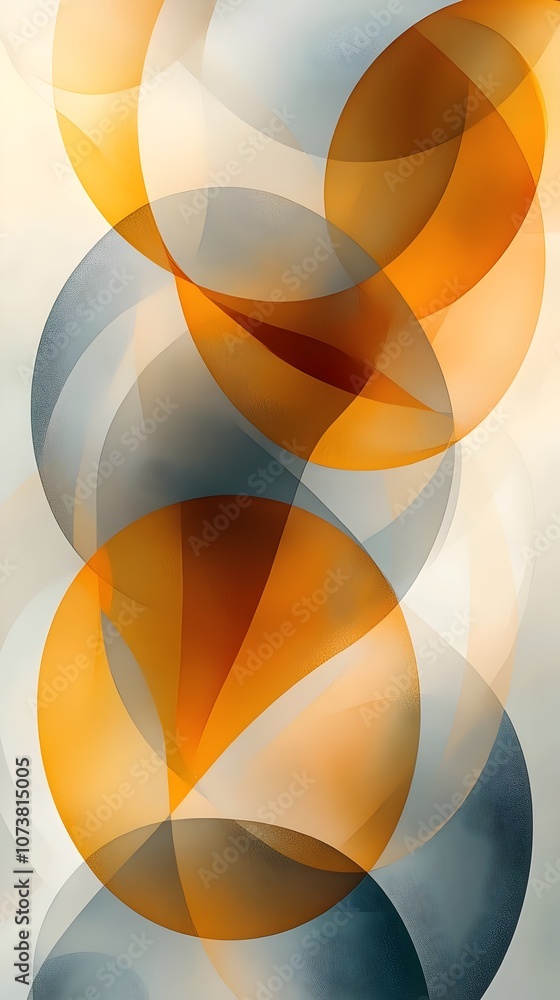 Poster an abstract composition featuring overlapping circles in warm shades of orange and blue, creating a 
