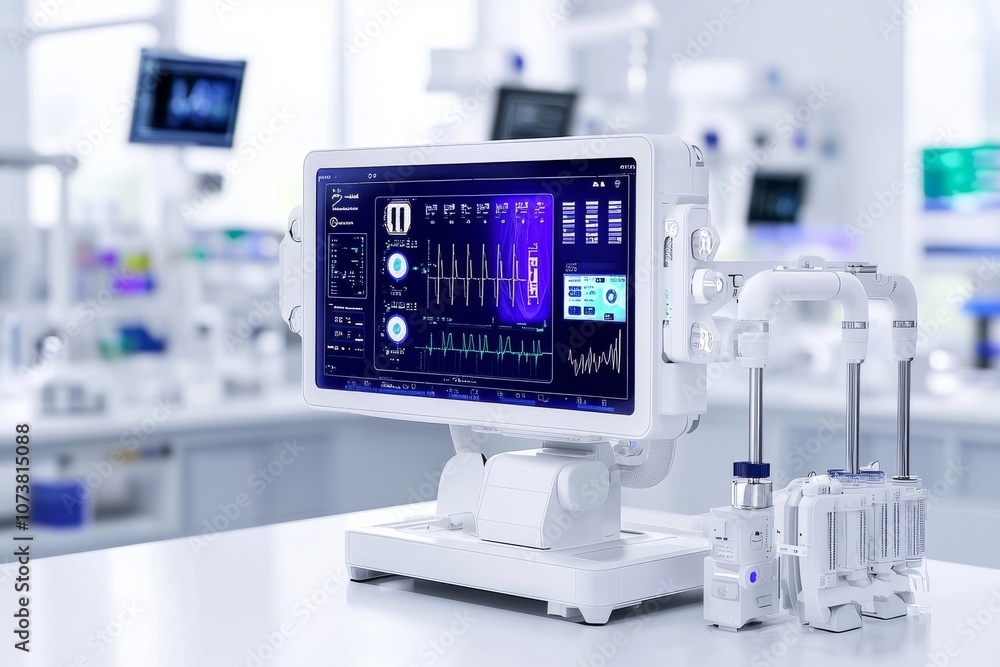 Poster featuring a large screen that displays patient data and advanced ai-powered diagnostic tools, this f