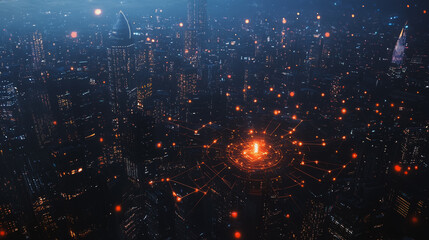 Fototapeta premium mart digital Innovation city Business skyscrapers in the Financial District with connection network reciprocity over the cityscape. of future smart wireless digital city and social media networking