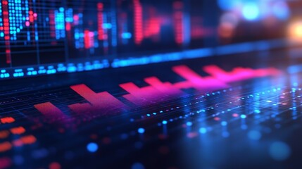 A vibrant digital interface featuring colorful data visualizations and graphs against a futuristic backdrop.